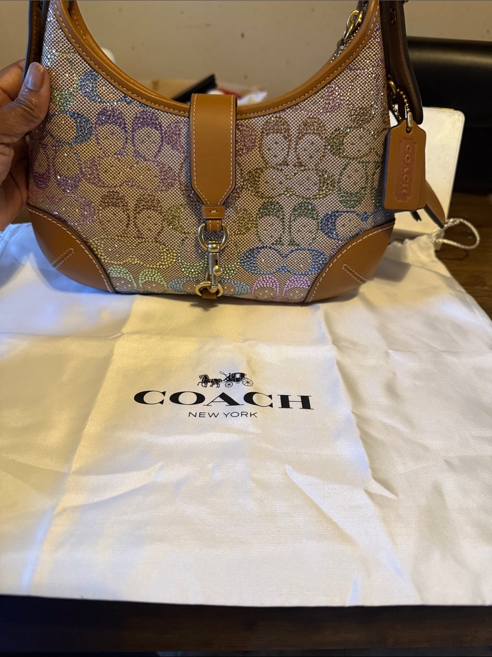 Coach Multicolor Signature Crescent Shoulder Bag with Tan Leather Trim - Picture 10 of 11